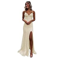 Spaghetti Strap Sequin Mermaid Prom Dress with Slit V-Neck Sparkly Long Formal Evening Gowns