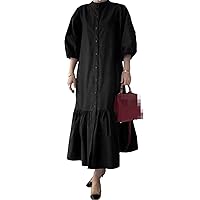 Women's Solid Color Elegant Dress Single-Breasted Loose Casual Wear Vintage Dress