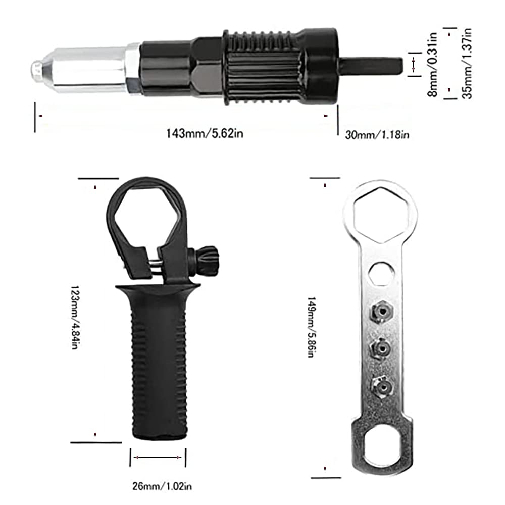 YWHWLX Electric Rivet Gun Adapter with 2.4/3.2/4.0/4.8mm Diameter Rivet Head Bit and Handle Wrench for Cordless Electric Drill Electric Rivet Tool