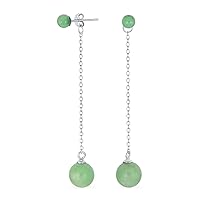 Simple Gemstone Dangle Double Round Genuine Black Onyx or Green Jade Long Linear Dangle Chain 2 Ball Earrings For Women .925 Sterling Silver 8MM