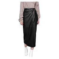 Women Leather Wrap Skirt Winter European Lambskin 80 Cm Long Lace Split Chic Dress