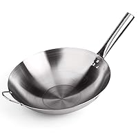CHUNCIN - Wok uncoated Stir Fry Pan,Saute Pan, Professional Large Wok,with Steel Helper Handle, Multipurpose Wok, Silver,36cm (Size : 38cm)