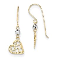 14k Yellow and White Gold Polished Satin and Diamond Cut Heart Dangle Shepherd Hook Earrings Length 29mm