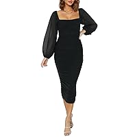 Pink Queen Women's 2023 Sexy Ruched Bodycon Dress Square Neck Puff Long Sleeve Mesh Cocktail Party Midi Dresses