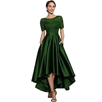 Women's Short Sleeves Evening Dresses Lace Embroidery with Pockets Prom Dresses Turquoise