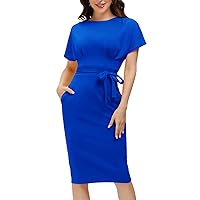 JASAMBAC Women's Bodycon Pencil Dress Office Wear to Work Dresses with Pocket Belt