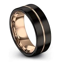 Tungsten Wedding Band Ring 9mm for Men Women 18k Rose Gold Plated Flat Cut Center Line Black Brushed Polished
