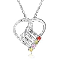 Jeweidea Personalized Heart Necklace with 2-6 Simulated Birthstones Custom Name Mother Daughter Chain Pendant for Women Mom Birthday