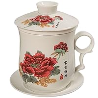Convenient Travel Office Loose Leaf Tea Brewing System-Chinese Jingdezhen Blue and White Porcelain Tea Cup Infuser 4-Piece Set with Tea Cup Lid and Saucer (Red Peony)