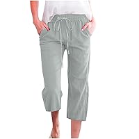 Capri Pants for Women Summer Casual Straight Leg Drawstring Elastic Linen Pants Loose Cropped Trousers with Pockets