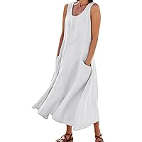 Maxi Dresses for Women 2024 Spring Summer Trendy Sleeveless Cotton Linen Dress,Casual Loose Flowy Sundresses with Pockets