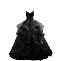 Women Sparkly Tiered Tulle Prom Dresses 2024 Spaghetti Straps Ball Gown Long Puffy Tiered Formal Evening Party Dress Black