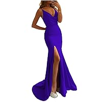 Mermaid Satin Prom Dress Spaghetti Straps for Women, V Neck Long Evening Dress Sleeveless Formal Dress High Slit