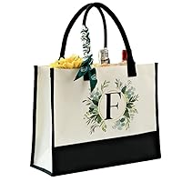 CROWNED BEAUTY Canvas Tote Bag with Zipper Pocket, Personalized Birthday Gift for Women, Floral Initial Letter F Bag for Vacation Beach CT06-F