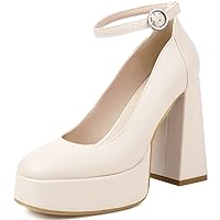 LEHOOR Platform Ankle Strap Pumps for Women Chunky High Heels Platform Mary Janes Square Closed-Toe Heeled Sandals Sexy 4.5 Inch Block Heel Dress Shoes Office Lady Dressy Pump Party Wedding 4-10 M US
