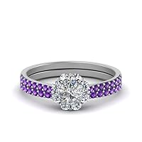 Choose Your Gemstone Flower Halo Bridal Ring Set Sterling Silver Round Shape Wedding Ring Sets Affordable for Your Girlfriend, Wife, Partner Wedding US Size 4 to 12