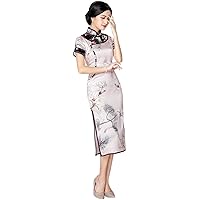 Qipao Dress Women Silk Chinese Traditional Ink Printing Hand Nailed beadsShort Sleeve Cheongsam