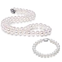JYX Pearl Necklace Set 9-10mm Freshwater Cultured White Pearl Necklace and Bracelet Set