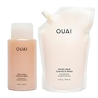 OUAI Thick Shampoo + Refill - Moisturizing Shampoo with Keratin, Marshmallow Root, Shea Butter & Avocado Oil for Thick Hair - Strengthens & Hydrates - Sulfate Free Shampoo (2 Count, 10 Oz/32 Oz)