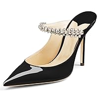 Mules Heels For Women Heeled Sandals Black With Rhinestone Pointed Closed Toe Slip On Patent Leather 4 Inches Bridal Wedding Shoes Sexy Size 11