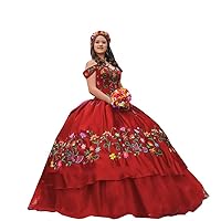 Mollybridal Ball Gown Mexican Charro Quinceanera Prom Dresses Off Shoulder Flower Embroidered Hot Pink Bow