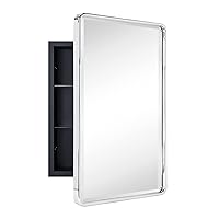 TEHOME Farmhouse Chrome Metal Framed Recessed Bathroom Medicine Cabinet with Mirror Rounded Rectangle Medicine Cabinet with Beveled Mirror, 16x24''