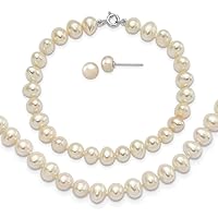 925 Sterling Silver Rhodium p 6 7mm Freshwater Cultured Pearl Necklace 7.25 Brace and 1pc Earrings Set Jewelry for Women