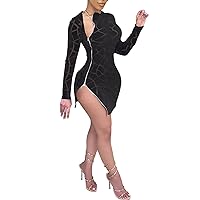 sedmoda Womens Bodycon Velvet Mini Dresses Side Zipper Slit Mesh Patchwork Sexy Long Sleeve Club Outfits