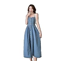 Summer Strap Denim Dress Sense Temperament Slim Long Women
