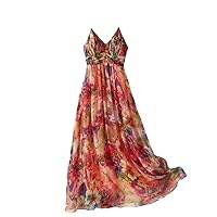 100% Mulberry Silk Boho Dress Floral Print Spaghetti Strap Dresses Beaded Sleeveless Midi Dresses