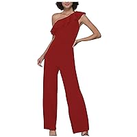 Womens One Shoulder Jumpsuit Ruffle Rompers Dressy Casual One Piece Outfits Elegant Wide Leg Jumpsuits Playsuit