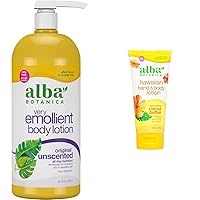Alba Botanica Very Emollient Body Lotion, Unscented 32 Oz and Hawaiian Hand & Body Lotion, Cocoa Butter 6 Oz Bundle