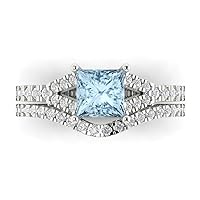 Clara Pucci 2.11 ct Princess Cut Solitaire Natural Aquamarine Designer Art Deco Statement Wedding Curved Ring Band Set 18K White Gold