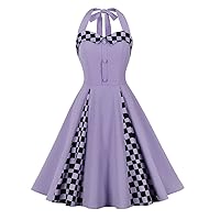 Wellwits Women's Fancy Color Lapel Collar Halter Rockabilly Pin up Vintage Dress