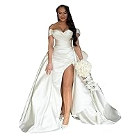 Sexy Split Silk Satin Off Shoulder Mermaid Bridal Ball Gown Wedding Dresses for Women Brides Plus Size Long