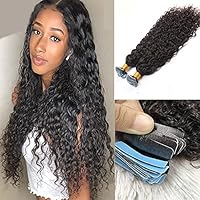 Hesperis Water Wave Tape In Hair Extensions Human Hair Curly Seamless Skin Weft Tape In Hair Extensions Real Human Hair 40pcs/80g Natural Color (14inch, Water Wave)