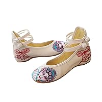 Beijing Opera Embroidered Women Cotton Fabric Ballet Flats Ankle Strap Elegant Ladies Casual Soft Canvas Flat Shoes