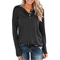 Womens Long Sleeve Henley Shirts Button Down Business Casual Tops V Neck Tee Shirt Blouses Loose Fit Tunic