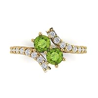 1.95ct Round Cut 2 stone love Solitaire Genuine Natural Pure Green Peridot designer Modern with accent Ring 14k Yellow Gold