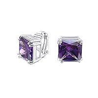 Traditional Classic Large Statement 5CT Square Princess Cut AAA CZ Solitaire Clip On Stud Earrings For Women Silver Plated Non Pierced Simulated Gemstone Jewel Colors 12MM