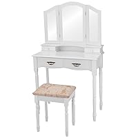Vanity Set w/Stool and Mirror, Multifunction Makeup Table Writing Desk w/Drawers, Trifold Large Mirror and Cushioned Stool, for Home Bedroom Vanity Dressing Table Desk (White)