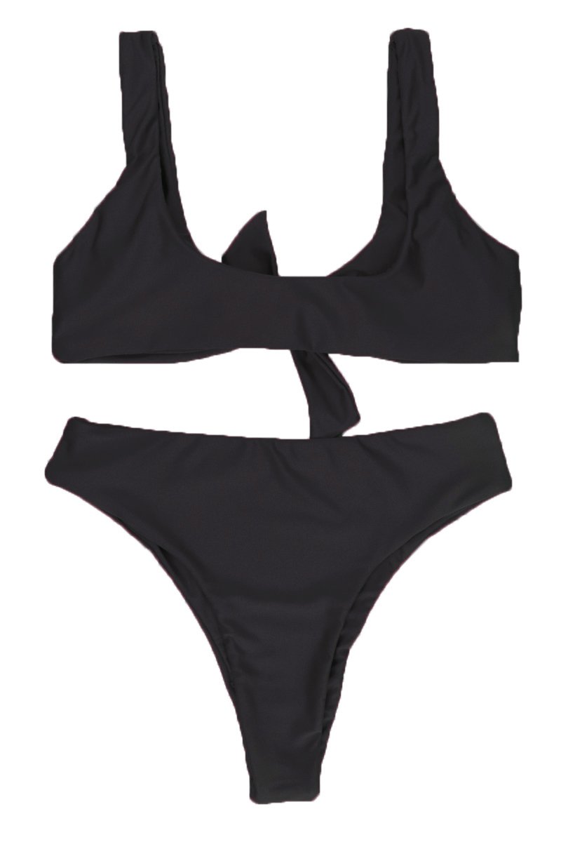 QINSEN Ladies Push up Padded Bandage High Waist Thong 2PCS Bikini Bathing Suit Black M