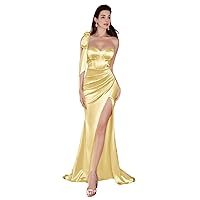 WPPUPP Women's One Shoulder Satin Prom Dress Mermaid 2024 Sweetheart Floor Length Drawstring High Split Formal Evening Gown