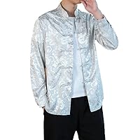White Satin Mandarin Collar Silk Shirts for Men Collar Chinese Dress Shirt with Dragon Red Mens Shirts