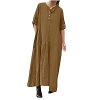 Ladies Cotton Linen Dress 3/4 Sleeve Button Summer Dresses for Women Trendy Casual Sundress 2023 Fashion Maxi Dress