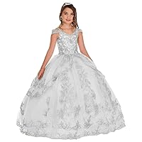 Girl's Lace Applique Party Prom Dress Floor Length Tulle Ball Gowns for Kids