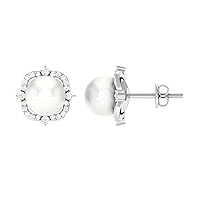 Handpicked Freshwater Pearl and Diamond Stud Earrings in Halo | 6.5 Cttw 7 MM Certified Genuine Pearl AAA Quality Earrings