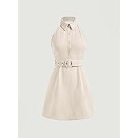Women's Dress Solid Button Front Belted Dress Dress for Women (Color : Apricot, Size : Small)