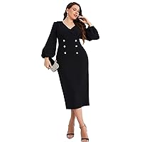 Womens Plus Size Dresses Summer Double Breasted Overlap Collar Lantern Sleeve Dress