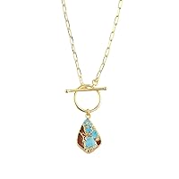 Guntaas Gems Fancy Shape Mojave Copper Turquoise Jade Pendant Paperclip Link Chain Brass Gold Plated Toggle Clasp Necklace